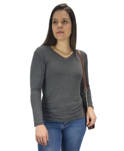 Blusa Feminina Longa Gola V Segunda Pele Básica Tshirt Mescla escuro